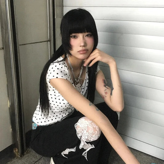 Cathy Dollette Japanese    Slim Polka Dot Crop Short Sleeve Streetwear Fairycore Grunge TopKoren Style Summer