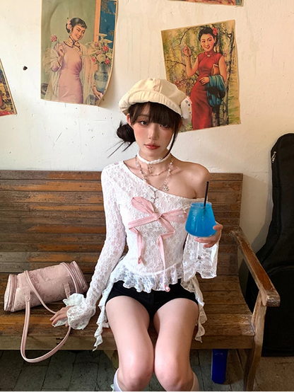 Cathy Dollette Hotsweet Lace Bow 's  Long Sleeve 2000s Clothes  Japan Style Kawaii Off Shoulder Tees Female Clothing