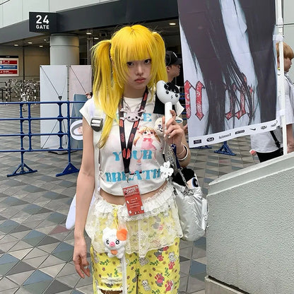 Cathy Dollette Japanese  Letter Print  2000s s Anime Crop Top Vintage Harajuku Short Sleeve Tee Shirt Kawaii Lolita