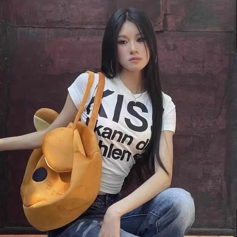 Cathy Dollette Japanese  Letter Print  Trashy 2000s Style Crop Top Vintage Harajuku Short Sleeve Tee Shirt American Retro 90s