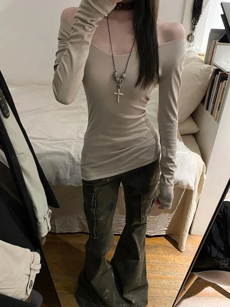 Cathy Dollette 's  2000s Clothes  Tees Female Long Sleeve Off Shoulder Korean Fashion Skinny Hotsweet Autumn TopSlim