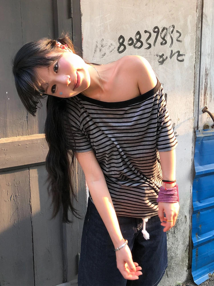 Cathy Dollette  Japanese T Shirt  Striped Off Shoulder Grunge Top 2000s  Tshirts American Retro TopTee