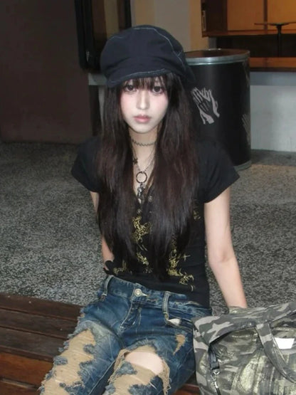 Cathy Dollette Gothic Vintage T Shirt  Turn Down Collar Crop TopBackless Lace Up  Print Tshirt  Japanese 2000s Graphic Tops