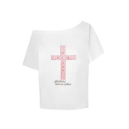 Cathy Dollette Gothic Off Shoulder Cross Graphic T Shirts 2000s Clothes  Short SLeeve Tees Female Clothing Goth Summer Top