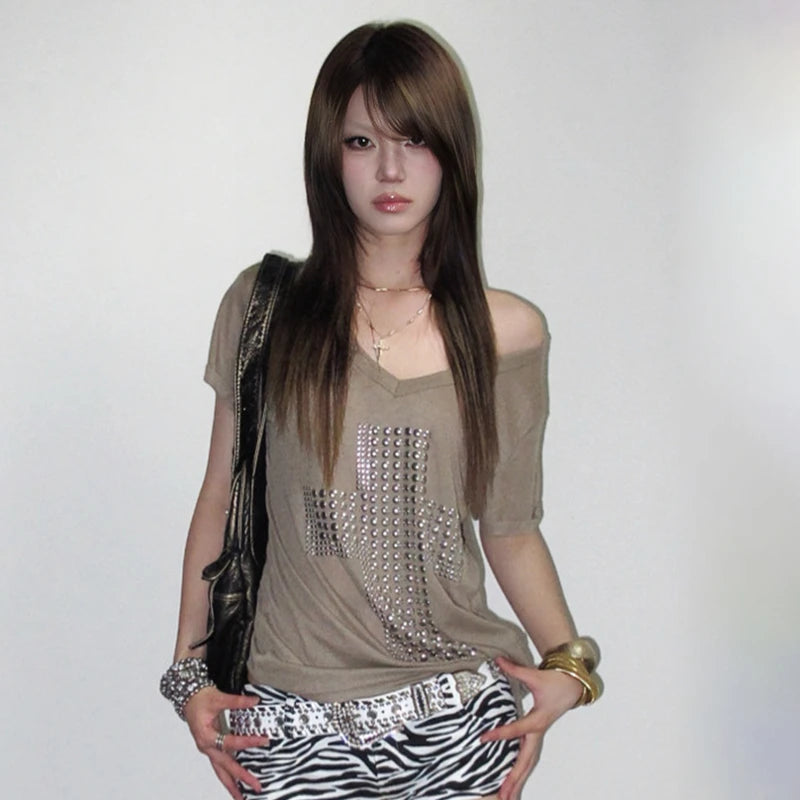 Cathy Dollette Japanese  Metal Cross Print  Trashy 2000s V-neck Sheer TopVintage Harajuku Short Sleeve Streetwear Grunge
