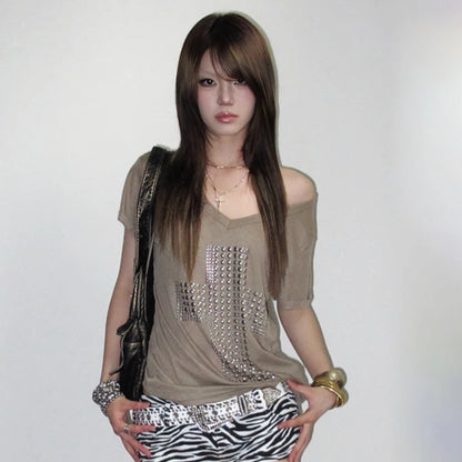 Cathy Dollette Japanese  Metal Cross Print  Trashy 2000s V-neck Sheer TopVintage Harajuku Short Sleeve Streetwear Grunge