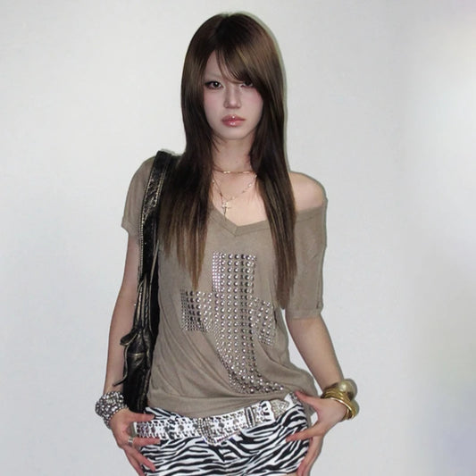 Cathy Dollette Japanese  Metal Cross Print  Trashy 2000s V-neck Sheer TopVintage Harajuku Short Sleeve Streetwear Grunge