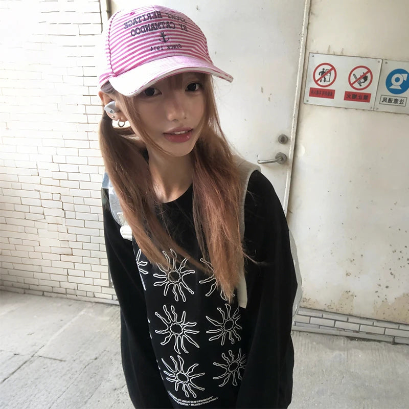Cathy Dollette Japanese  Sunflower Print  2000s Style Long Sleeve Black T Shirt Vintage Harajuku Loose Streetwear American