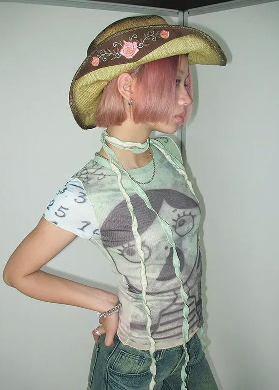 Cathy Dollette Grunge s Mesh Top Cyber Graphic  Harajuku Fairycore Bandage Crop Top 2000s E-girls Sheer TopChic