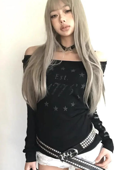 Cathy Dollette Black Graphic T Shirts Woman Clothes Long Sleeve Korean Fashion 2000s Clothes  Tees Female Clothing Sping TopGoth