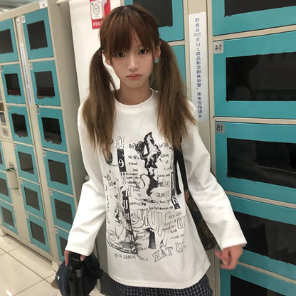 Cathy Dollette Japanese  Letter Print  2000s Style Long Sleeve White T Shirt Vintage Harajuku Oversized TopAmerican Retro