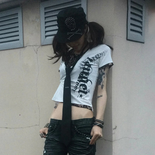 Cathy Dollette Japanese  Fake Two-piece TopTrashy 2000s Style Letter Print  Vintage Harajuku Leopard Patchwork Crop Top 90s