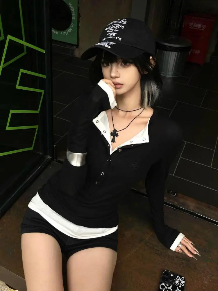 Cathy Dollette Patchwork Fake Two Piece T Shirt  Clothes Long Sleeve Gothic 2000s Clothes  Tees Female Clothing Autumn Tops