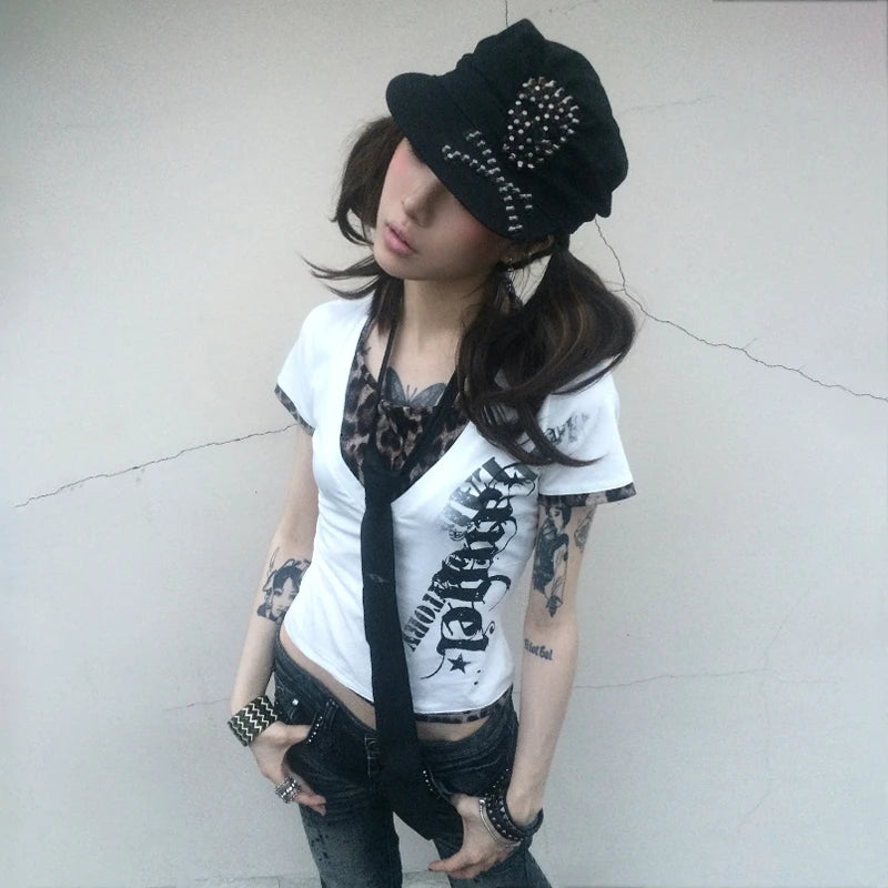 Cathy Dollette Japanese  Fake Two-piece TopTrashy 2000s Style Letter Print  Vintage Harajuku Leopard Patchwork Crop Top 90s