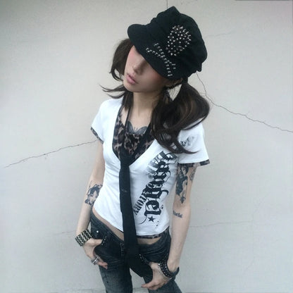 Cathy Dollette Japanese  Fake Two-piece TopTrashy 2000s Style Letter Print  Vintage Harajuku Leopard Patchwork Crop Top 90s