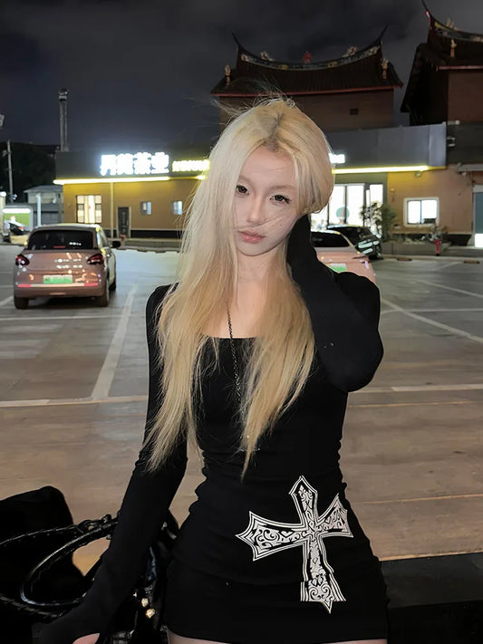 Cathy Dollette Gothic Black Print Cross Long 's  Long Sleeve Slim Graphic Tees Female Clothing 2000s Clothes  Autumn Top