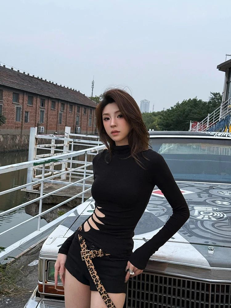 Cathy Dollette Sexy Hollow Out T Shirt  Long Sleeve Slim 2000s Clothes  Autumn TopBlack Tees Female Clothing Skinny