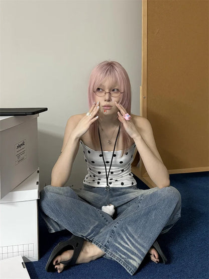 Cathy Dollette Hotsweet Polka Dot Corset Sexy TopSummer Korean Fashion Slim Sleeveless Tank TopYouthful Woman Clothes 2000s