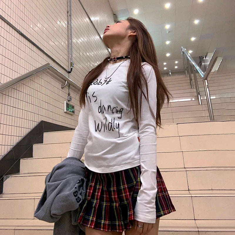 Cathy Dollette Japanese  Letter Print  Vintage Harajuku Long Sleeve T Shirts 2000s s Whiter TopAmerican Retro 90s