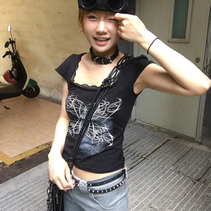 Cathy Dollette Trashy  TopJapanese 2000s Lace Short Sleeve  Vintage Harajuku Black Crop Top Gothic Grunge s Tees