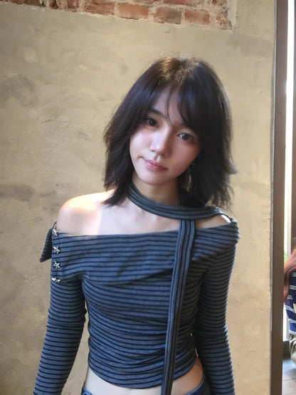 Cathy Dollette Japanese 2000s Striped T Shirt  Long Sleeve Irregular Crop TopWith Scarf Off Shoulder  Vintage Tshirts