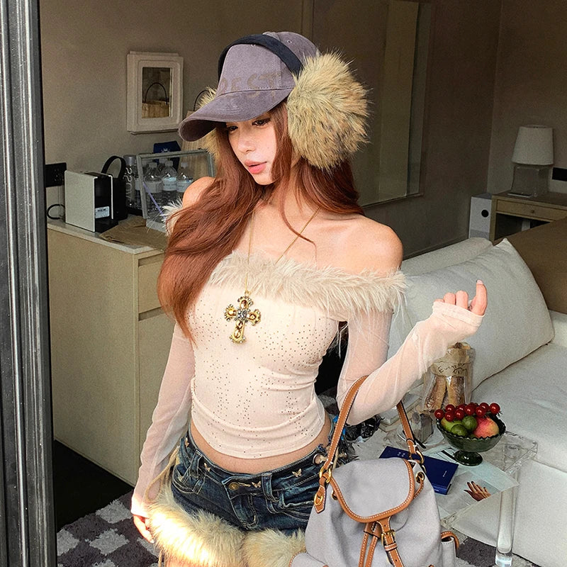 Cathy Dollette  Fairycore T Shirt  Patchwork Fur Off Shoulder Crop TopJapanese 2000s Mesh Top Korean Style Tees