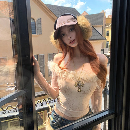 Cathy Dollette  Fairycore T Shirt  Patchwork Fur Off Shoulder Crop TopJapanese 2000s Mesh Top Korean Style Tees