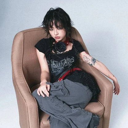 Cathy Dollette Japanese  Tattoo Print  Grunge s Lace Patchwork Short Sleeve T Shirt Vintage Gothic Black Crop Tops