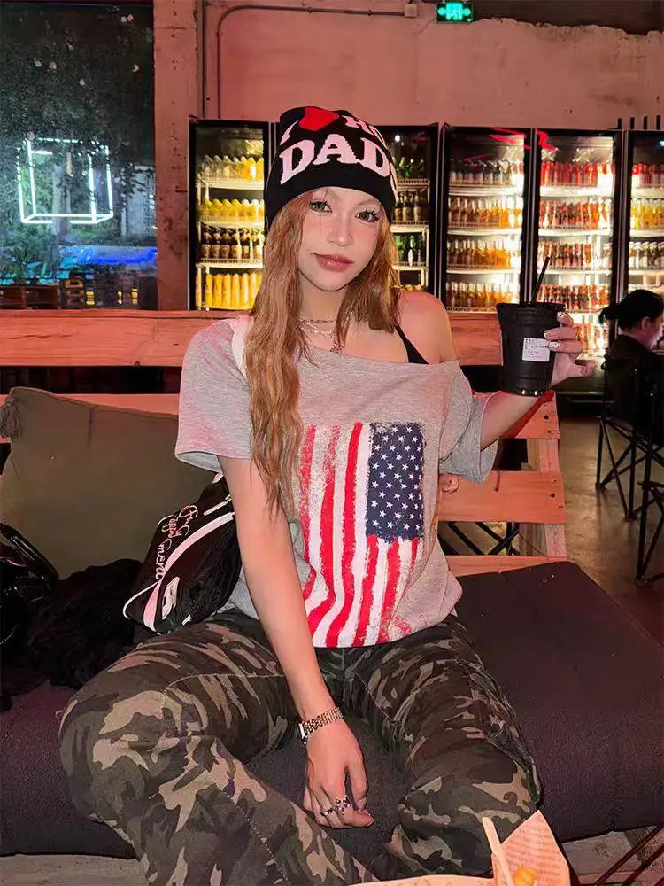Cathy Dollette American Retro Off Shoulder Graphic T Shirts Woman Clothes Short Sleeve 2000s Clothes  Vintage Summer TopTees Chic