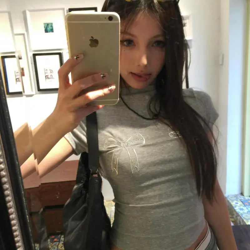 Cathy Dollette Harajuku T Shirt  Short Sleeve Skinny Bow  Vintage Crop Top 2000s Japanese Cotton Tshirts Summer