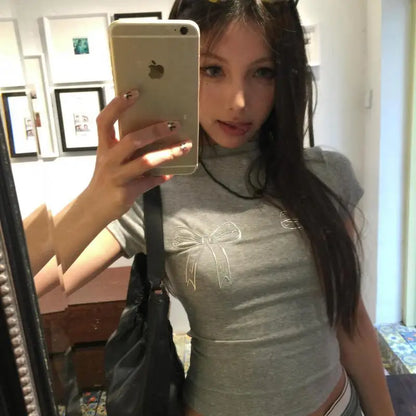 Cathy Dollette Harajuku T Shirt  Short Sleeve Skinny Bow  Vintage Crop Top 2000s Japanese Cotton Tshirts Summer