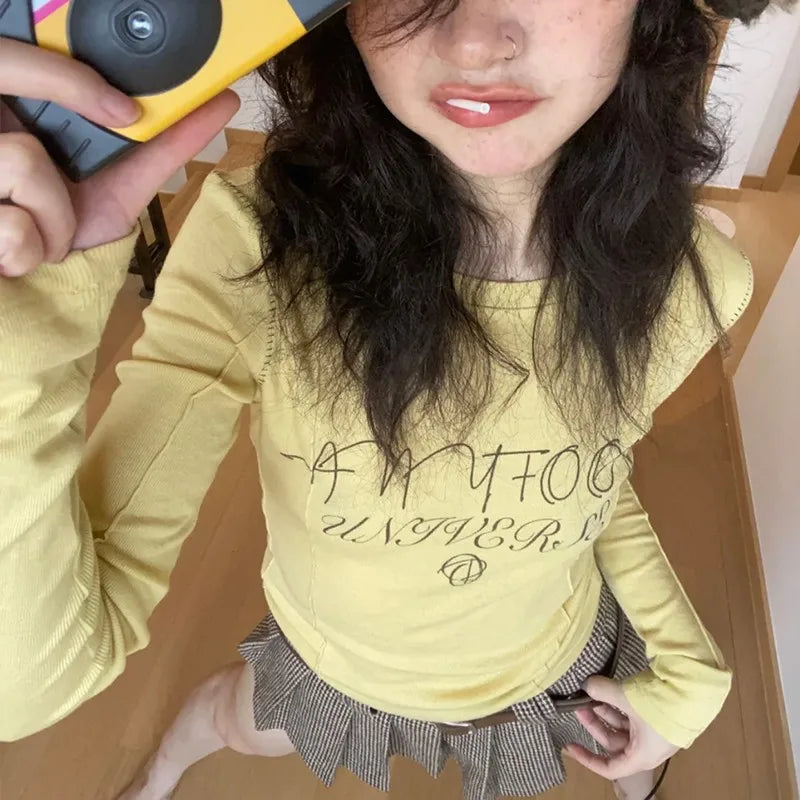 Cathy Dollette  s Yellow  2000s Japanese Harajuku Tee Shirt Grunge Letter Print Long Sleeve Tshirt E-girl Streetwear