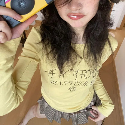 Cathy Dollette  s Yellow  2000s Japanese Harajuku Tee Shirt Grunge Letter Print Long Sleeve Tshirt E-girl Streetwear