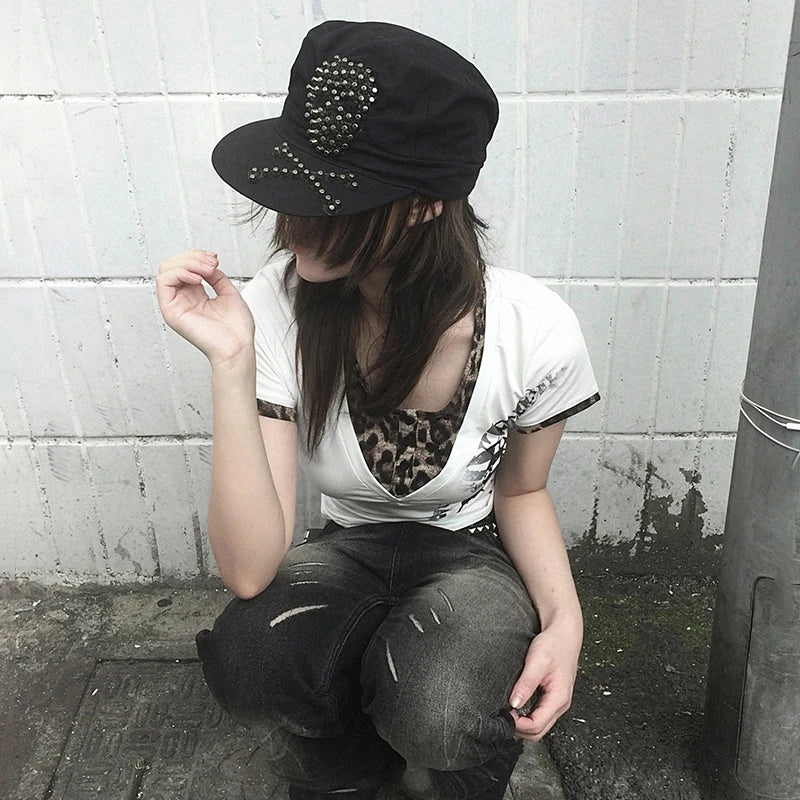 Cathy Dollette Grunge s Fake Two-piece TopTrashy 2000s Style Tattoo Print  Vintage  Leopard T Shirt American Retro