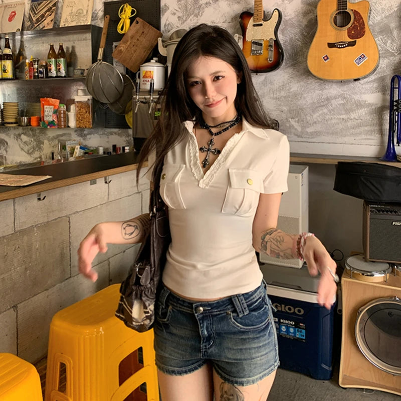 Cathy Dollette Harajuku Vintage T Shirt  Short Sleeve Slim Pocket  American Retro 90s Crop Top V Neck Tee Tops