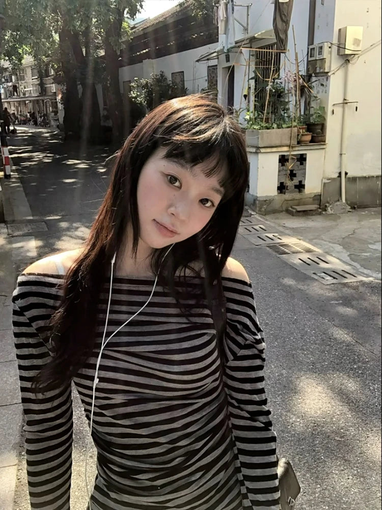Cathy Dollette  2000s   Long Sleeve Striped Casual Tshirts Off Shoulder Korean Style Fairycore  Tee Tops