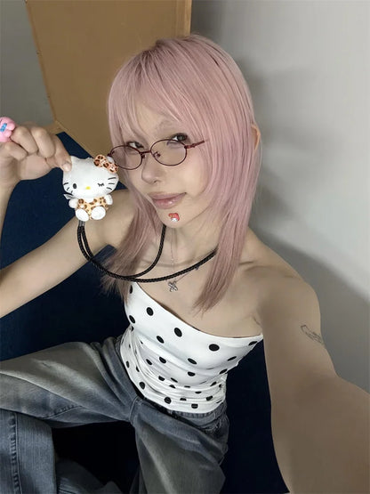 Cathy Dollette Hotsweet Polka Dot Corset Sexy TopSummer Korean Fashion Slim Sleeveless Tank TopYouthful Woman Clothes 2000s