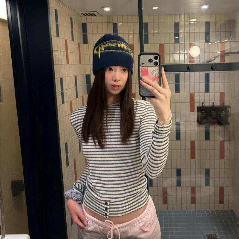 Cathy Dollette Japanese    Long Sleeve Striped Crop TopKorean Style Grunge Top2000s  Tshirts Streetwear