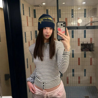 Cathy Dollette Japanese    Long Sleeve Striped Crop TopKorean Style Grunge Top2000s  Tshirts Streetwear