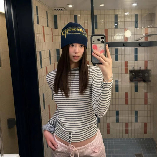 Cathy Dollette Japanese    Long Sleeve Striped Crop TopKorean Style Grunge Top2000s  Tshirts Streetwear