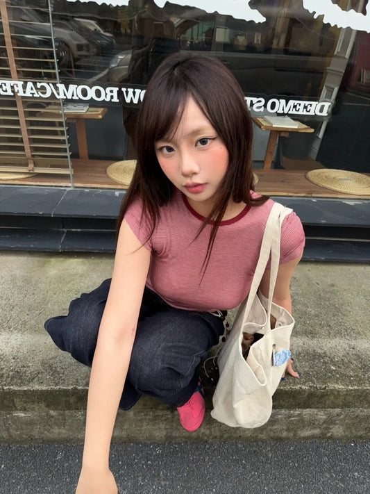 Cathy Dollette Harajuku Striped T Shirt  Short Sleeve Slim  Vintage Crop TopClassic American Retro Basic Tshirts Streetwear