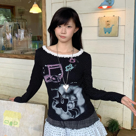 Cathy Dollette Japanese  Anime Prin  2000s Style Long Sleeve Polka Dot T Shirt Vintage Harajuku Lace Patchwork TopCutrecore
