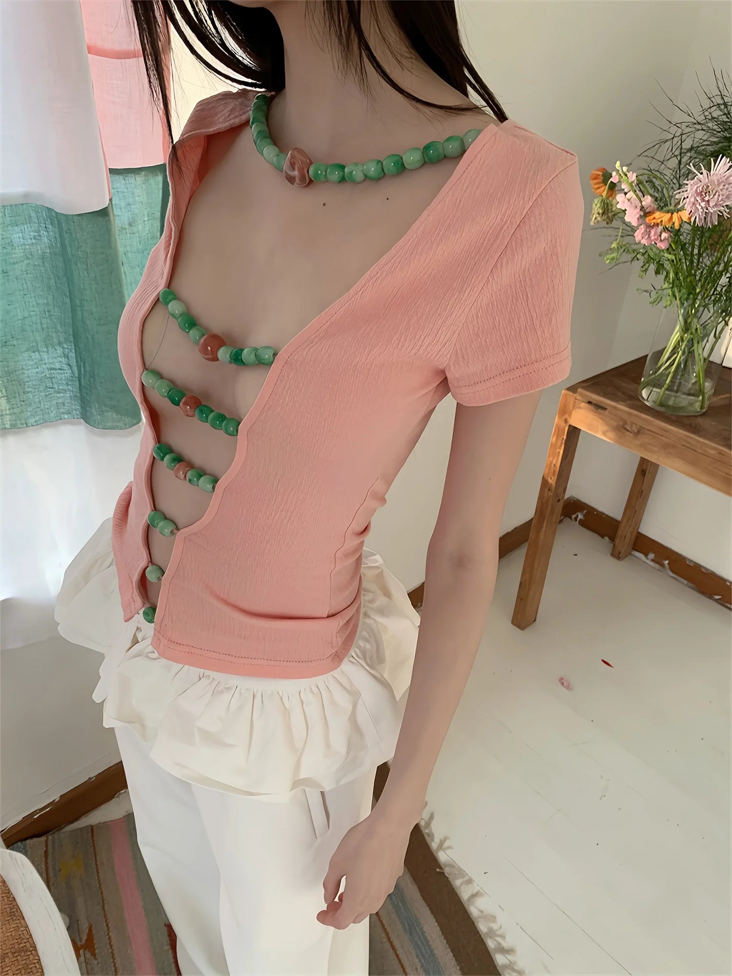Cathy Dollette Vintage T Shirt  Short Sleeve Hollow Out  Retro Crop Top Korean Style Tee TopSummer Sexy Tshirts