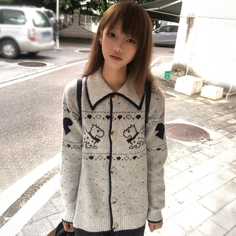 Cathy Dollette Japanese  Puppy Embroidered Cardigan 2000s Style Turn-down Collar Knitted Outerwears Vintage Harajuku Knitwear Korean
