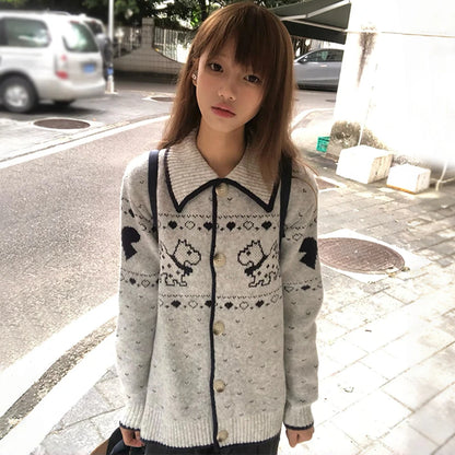 Cathy Dollette Japanese  Puppy Embroidered Cardigan 2000s Style Turn-down Collar Knitted Outerwears Vintage Harajuku Knitwear Korean
