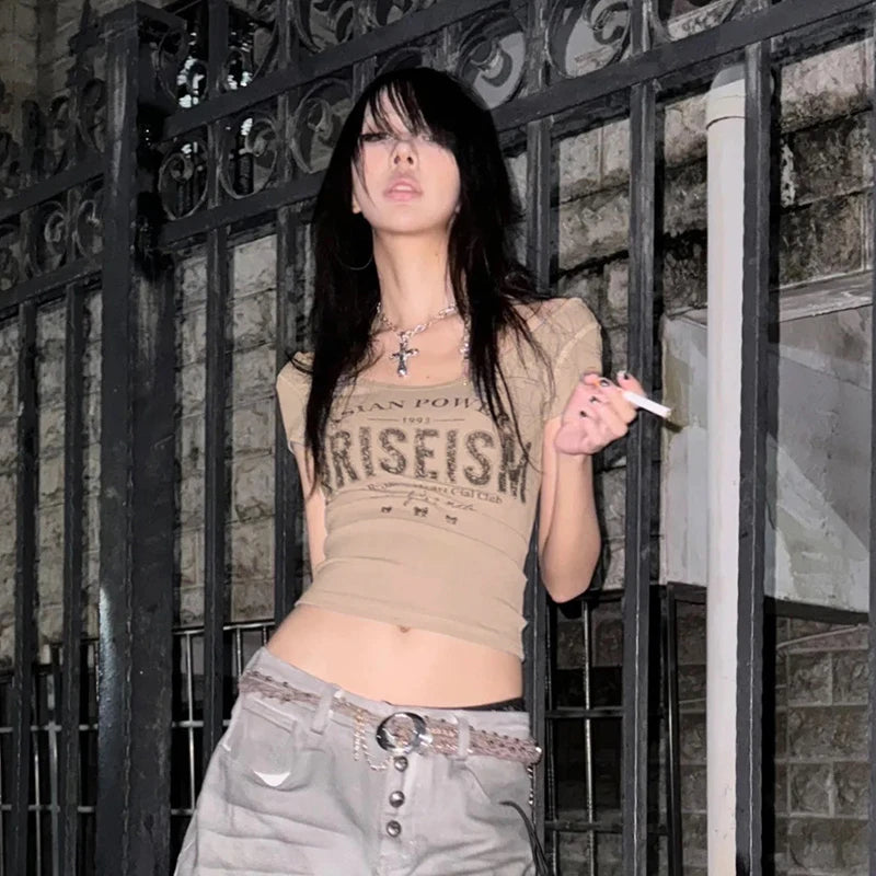 Cathy Dollette Trashy 2000s Letter Print  Grunge s Short Sleeve Crop Top Japanese  Ribbed Tee Shirt American Retro