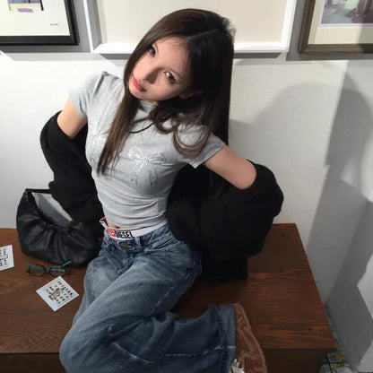 Cathy Dollette Harajuku T Shirt  Short Sleeve Skinny Bow  Vintage Crop Top 2000s Japanese Cotton Tshirts Summer