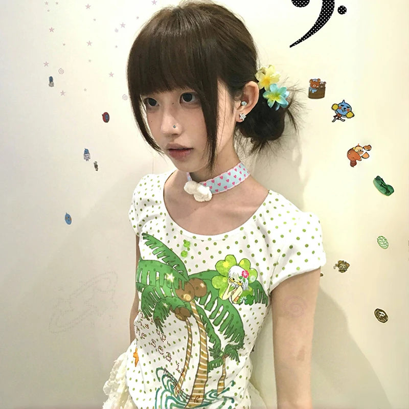 Cathy Dollette Japanese  Kawaii  2000s s Coconut Tree Print T Shirt Vintage Harajuku Polka Dots Crop TopLolita 90s