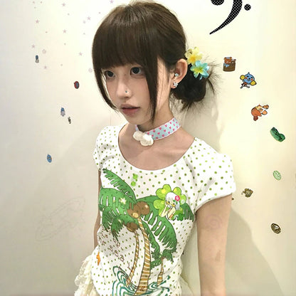 Cathy Dollette Japanese  Kawaii  2000s s Coconut Tree Print T Shirt Vintage Harajuku Polka Dots Crop TopLolita 90s