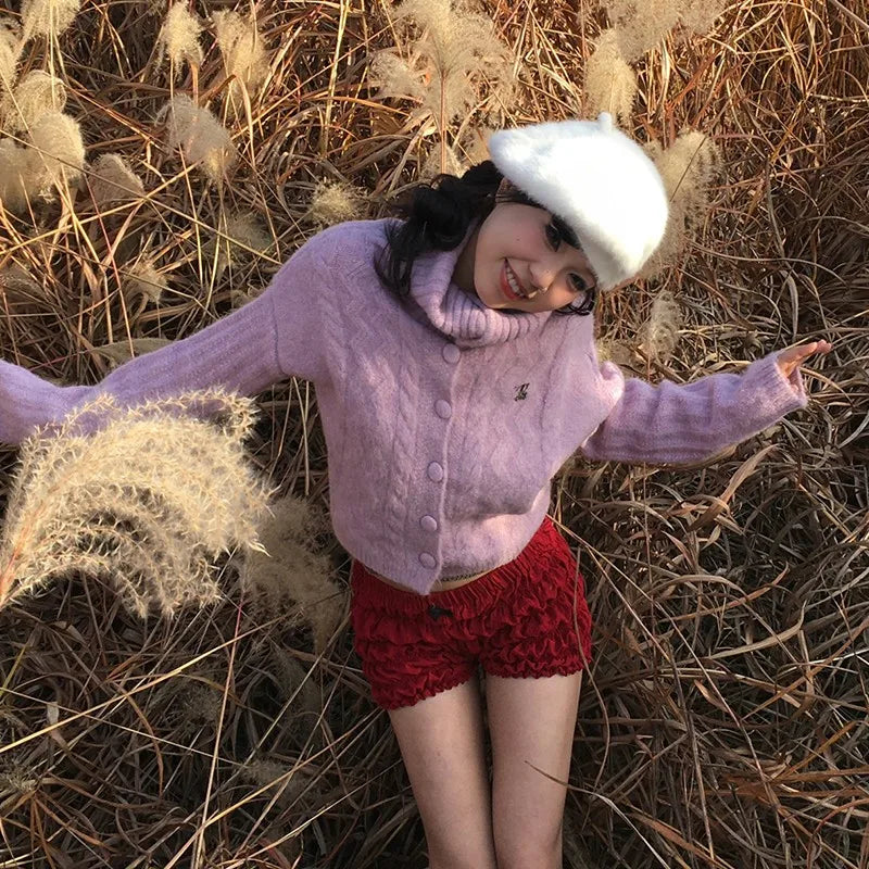 Cathy Dollette Japanese  Turtleneck Cardigans Vintage Korean Style Knitted Sweater 2000s s Pink Winter Knitwear Harajuku